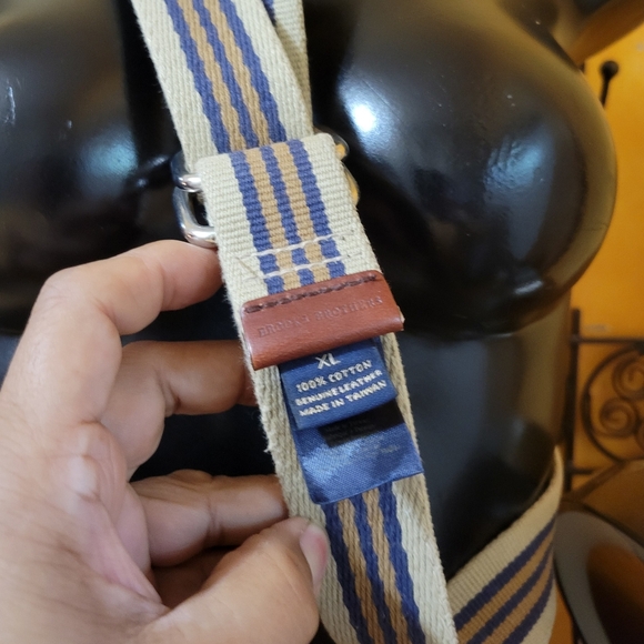 Vintage Brooks Brothers Canvas D-ring Tan Striped Belt Leather Tipped XL - Picture 3 of 4